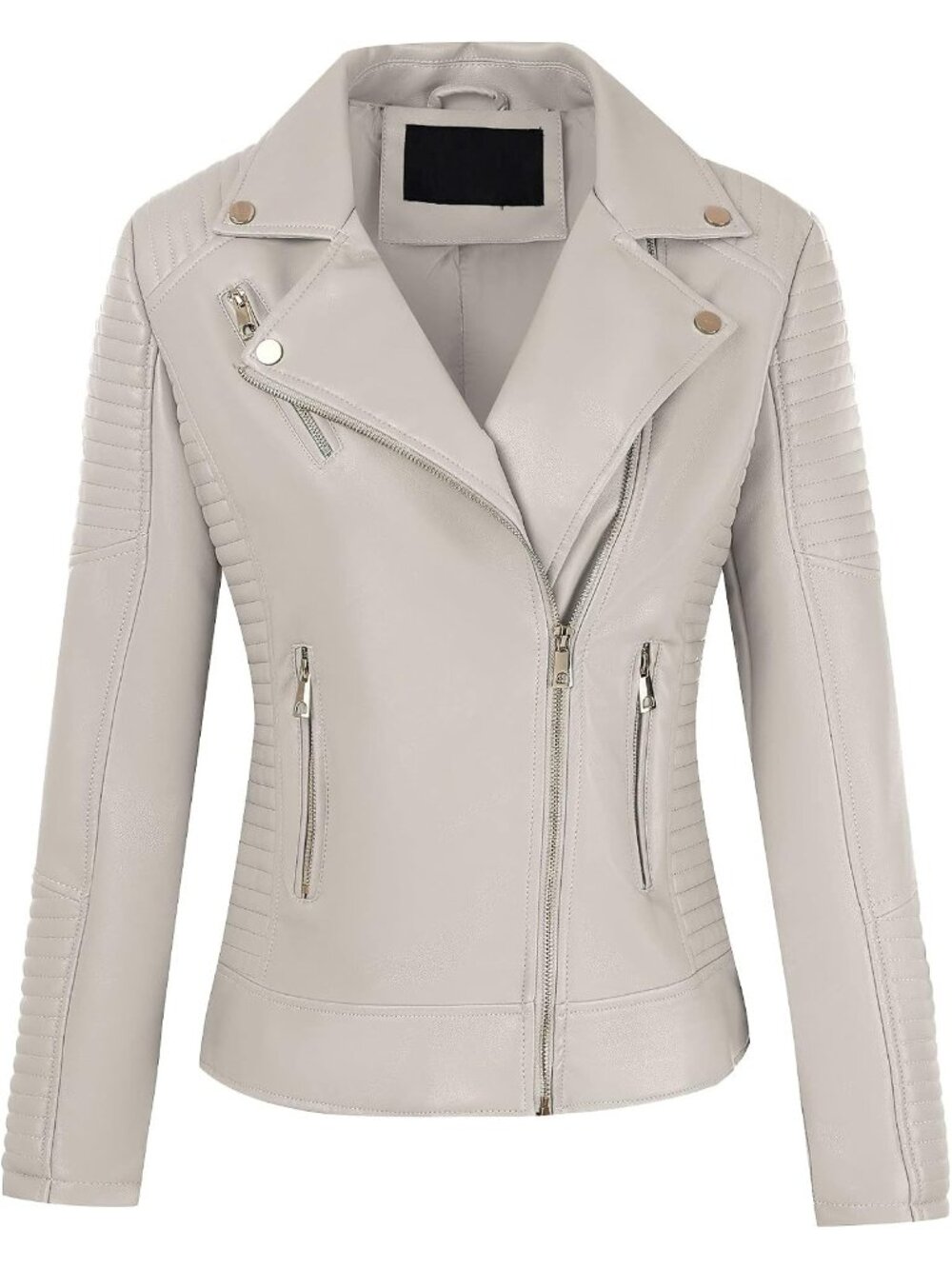 Women's Beige Faux Leather Casual Moto Biker Lightweight Jacket Slim Fit Coat